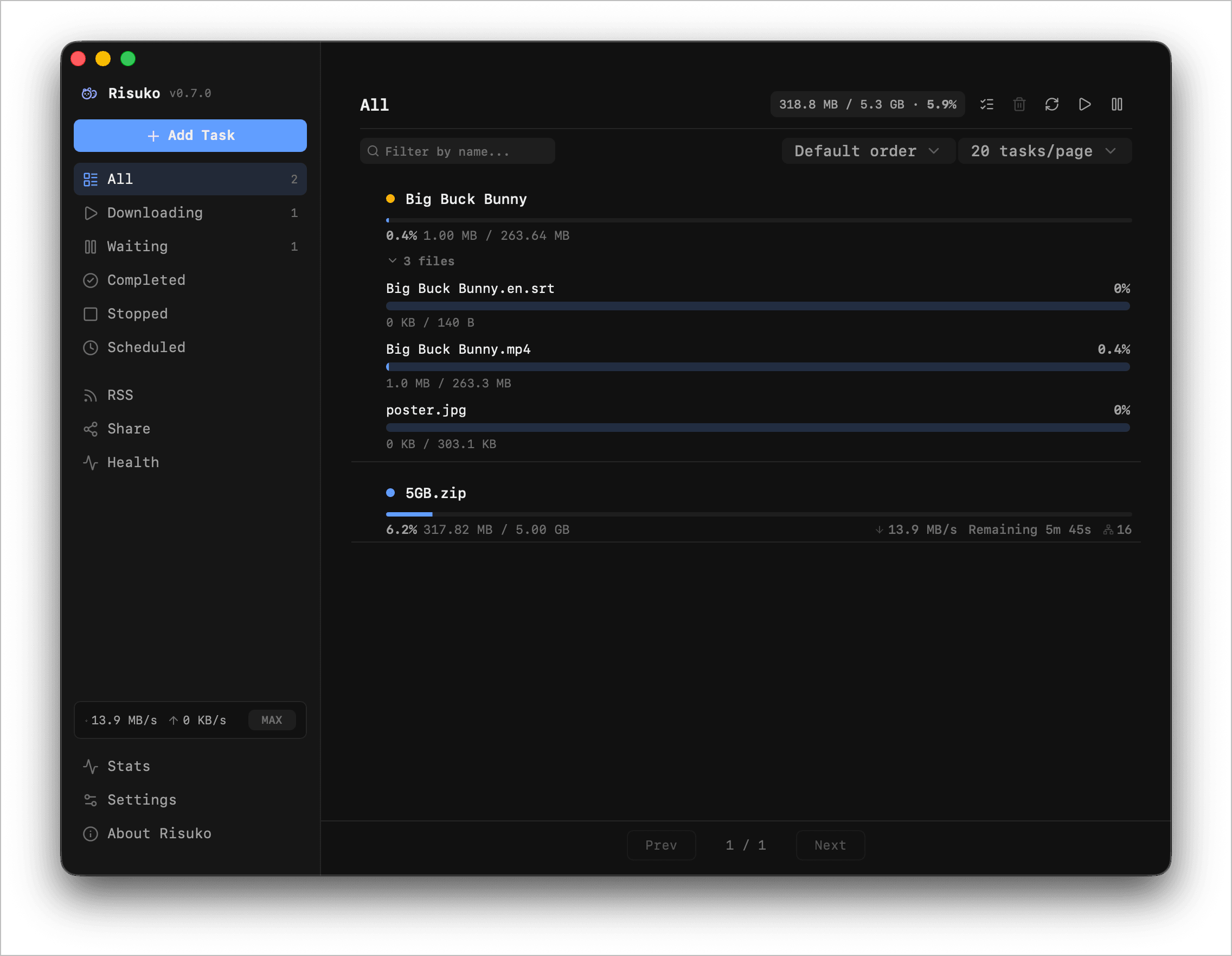 Risuko task list with active downloads